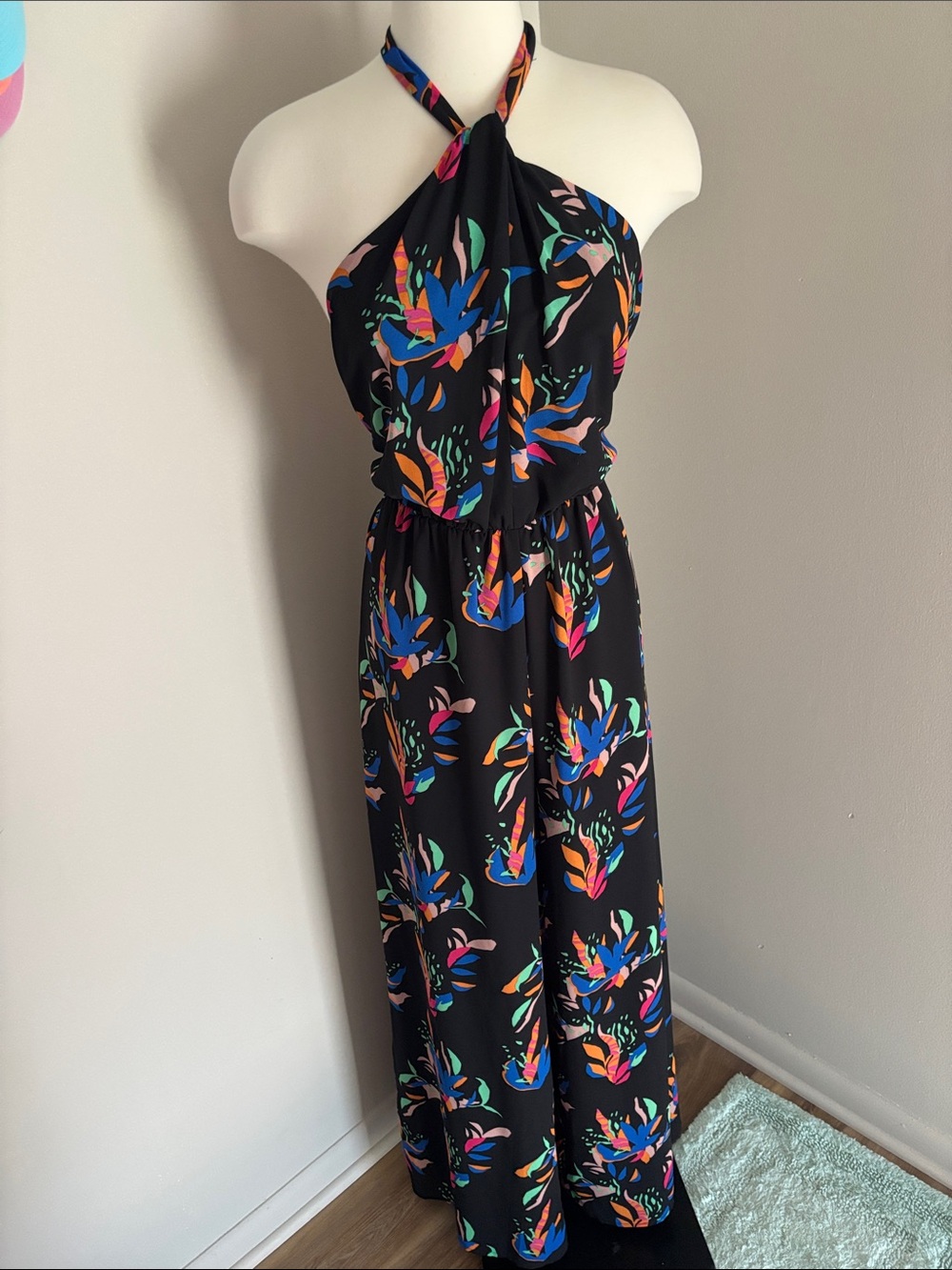 Black Halter Floral Jump Suit- Multicolor Print